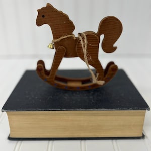 Vintage Wood Rocking Horse Ornament – Folk Art Style Nursery or Christmas Decor – 5.5” x 5.5” - Children’s Hanging Rocking Horse with Bell