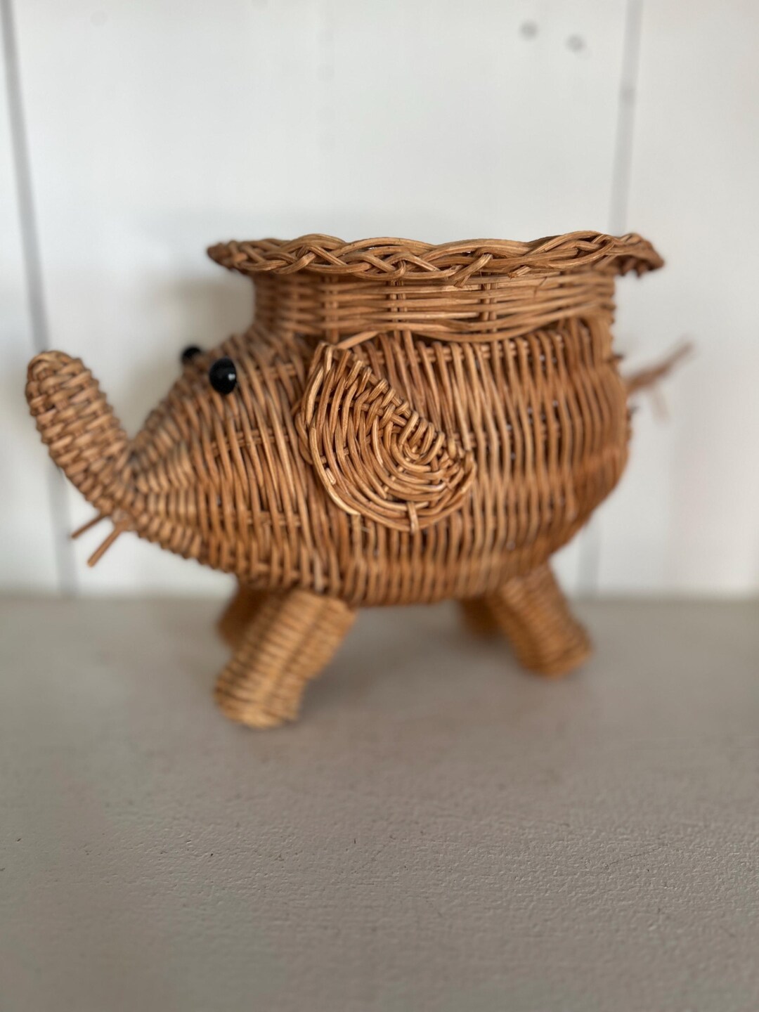 Vintage Natural Wicker Rattan Elephant Basket | Boho & MCM Elephant ...