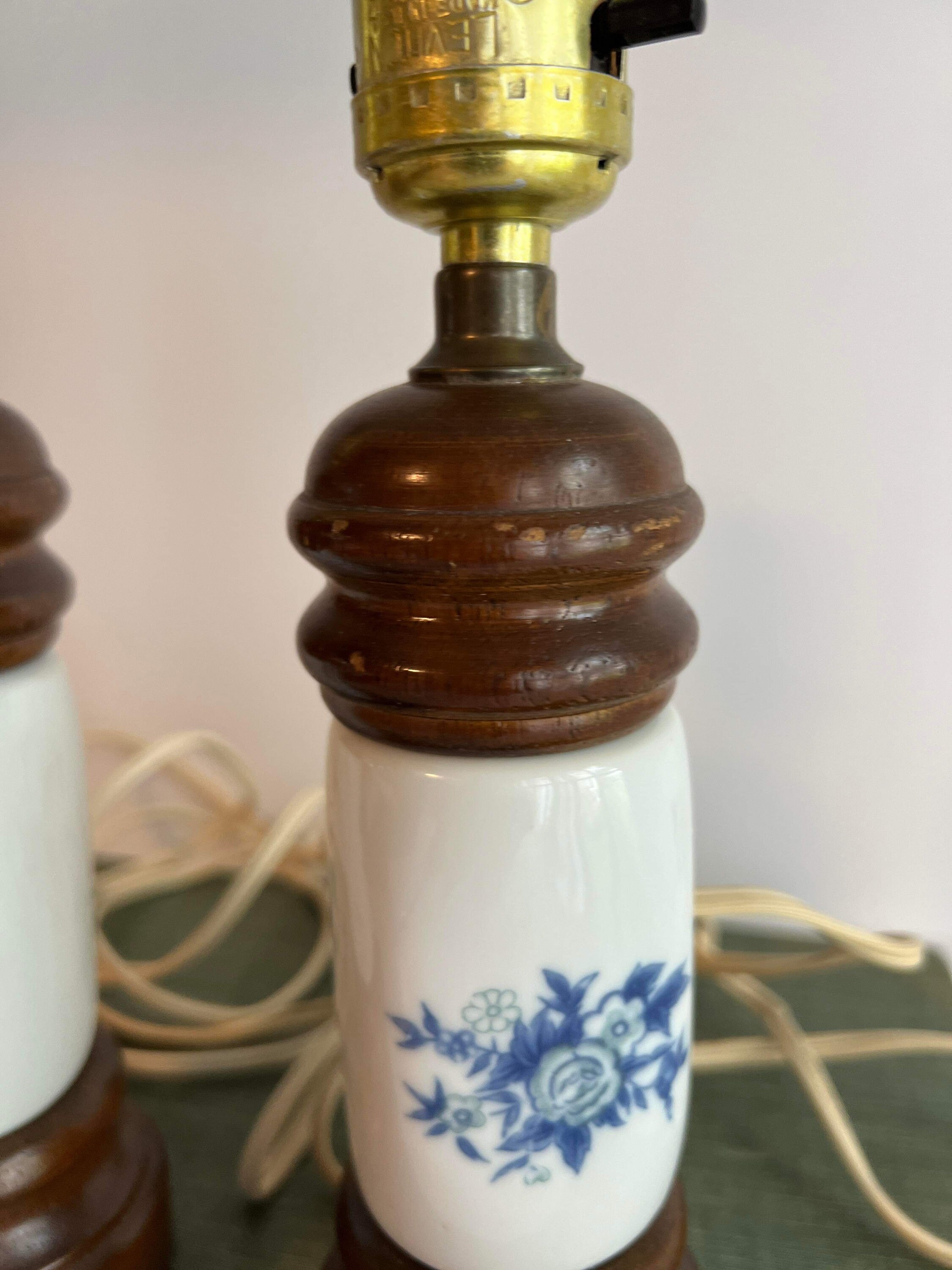 Set of 2 Vintage Lamps / Wood & Porcelain / Blue Floral Motif / Vintage