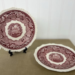 Mason’s “Vista” Pink Transferware Plates – Set of 2 – 6” – English Ironstone, Scalloped Rim, Mulberry Red – Cottagecore Farmhouse Decor