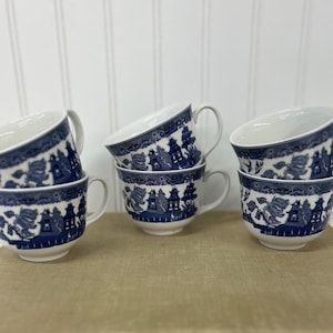 Set of 6 Johnson Bros Blue Willow Tea Cups – Vintage English Transferware China – Blue & White Oriental Scene Porcelain Mugs - Vintage Blue
