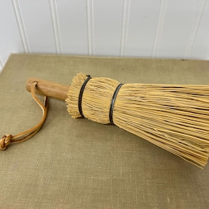 Vintage Handmade Whisk Broom with Leather Loop – Rustic Cabin Lodge Decor – 8 1/4” Straw Broom – Primitive Folk Art Cleaning Brush