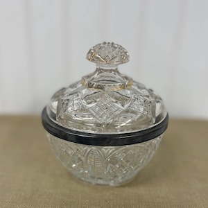 Vintage Crystal Glass Lidded Dish with Silver Rim & Gold Accent Lid – 4 1/2”H x 4 1/2”D – Sugar Bowl, Candy Dish, Vanity Trinket Holder