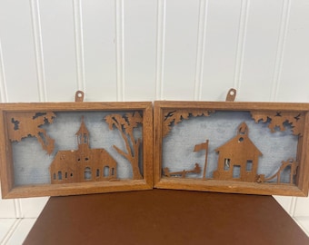 Pair of Vintage Americus Woodcuts Silhouettes – Handmade Church with Trees & Schoolhouse Scenes, Intricate Wood Wall Decor