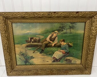 Antique Victorian Lithograph "Courting by the Stream" After Edouard Debat-Ponsan – Ornate Floral Frame, Heavy Estate Find Wall Art-15” x 21”