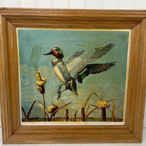 Vintage Richard Evett Bishop &quot;Out of the Cattails&quot; 3D Raised Art | Green-Winged Teal Painting | Signed Waterfowl Scene | Framed Wall Art