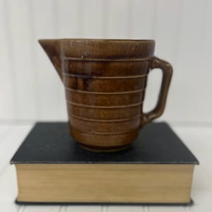 Vintage Brown Ceramic Pitcher with Ribbed Design – 5 1/8”H Stoneware Glazed Jug – Farmhouse, Rustic, Cottage Kitchen Decor