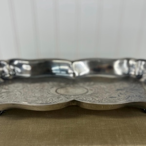 Elegant Vintage Footed Silver Serving Tray with Ornate Etching and Handles – Silverplate Entertaining Piece, Wedding or Tea Service Décor
