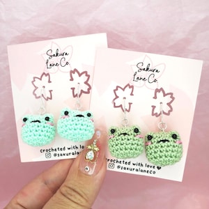 Micro Crochet Frog Earrings, Dainty Unique Jewelry, Kawaii Dangle Earring, Mini Handmade Cottagecore Gift, Cute Quirky Animal Accessory