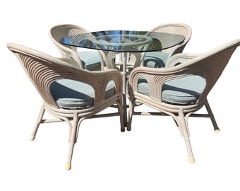 Vintage Rattan Dining Set, Gabriella Crespi Style Glass Top Table & Chairs