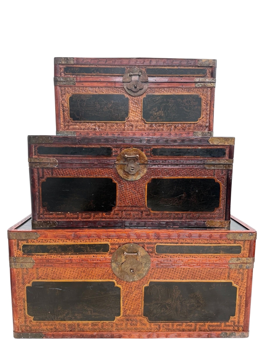 Maitland Smith Chinoiserie Trunk Set of 3 With Brass Hardware Hand
