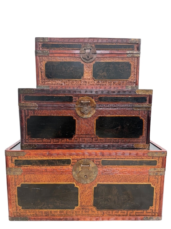 Maitland Smith Chinoiserie Trunk Set of 3 With Brass Hardware Hand