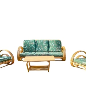 Vintage Double Teardrop Rattan Lounge Set MCM Pretzel Style Lounge Sofa Set Pair Armchairs Coffee Table Vintage Boho JRB Co. Tokyo 1960s