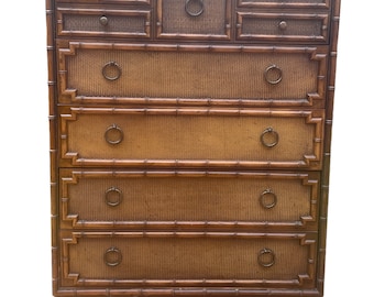 Faux Bamboo and Rattan Dresser by Drexel Bedroom Furniture Highboy Vintage Hollywood Regency Coastal Glamour