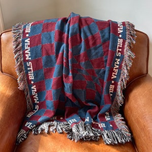 Buffalo Football Throw Blanket Bills Mafia Gift Checker Pattern All Cotton Woven Throw Blanket USA Made Loom Woven Heirloom Bills Mafia Gift