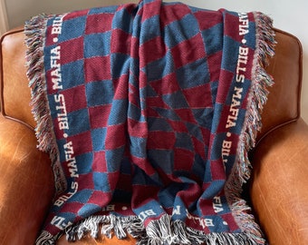 Buffalo Football Throw Blanket Bills Mafia Gift Checker Pattern All Cotton Woven Throw Blanket USA Made Loom Woven Heirloom Bills Mafia Gift