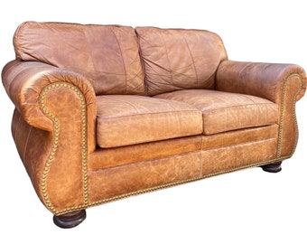 Hancock & Moore Leather Sofa Heirloom Sofa Ralph Lauren Style Vintage Tan Leather Sofa Couch with Bun Feet FREE SHIPPING