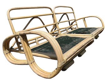 Vintage Pretzel Rattan Sofa, Paul Frankl Style Mid Century Loveseat