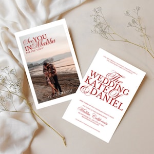 May include: Wedding invitation with red text that says "The Wedding of Kate & Daniel" and a photo of a couple on the beach. The invitation says "April Third of Two Thousand Twenty Four, Six o'Clock at The Grove Hotel, Malibu, California."