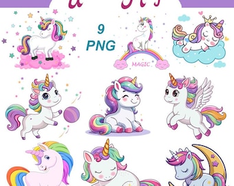 Paquete de imágenes prediseñadas de unicornio: Ilustraciones de arcoíris para scrapbooking (descarga digital)