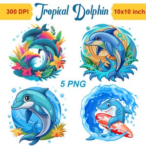 Tropical Dolphin Clipart Bundle | 5 PNG Files | Ocean Animal Digital Art | 10x10 inch | 300 DPI | Sea Life Beach Clip Art Download