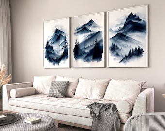 Captivating Nature: Foggy Mountain Art and Misty Forest Print – Chalet wall art, Navy Blue Serene Ambiance