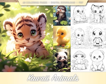 60 Kawaii Animals Coloring Book Collection | Cute Adorable Chibi Animals Coloring Pages Bundle for Adults, Kids, Toddlers | Digital Download