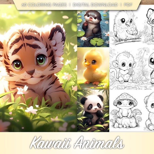 60 Kawaii Animals Coloring Book Collection | Cute Adorable Chibi Animals Coloring Pages Bundle for Adults, Kids, Toddlers | Digital Download