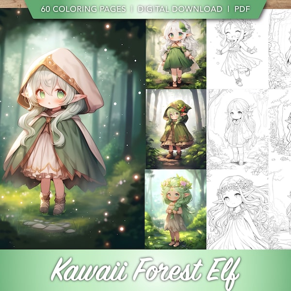 60 Kawaii Forest Elf Coloring Book Collection | Chibi Woodland Elves Coloring Pages Bundle for Adults, Kids, Toddlers | Digital Download