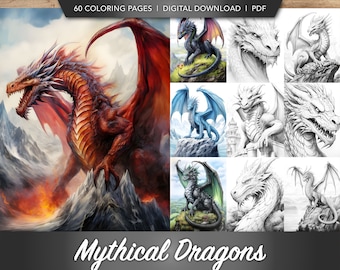 60 Mythical Dragons Coloring Book Collection | Fantasy Dragon Creature Coloring Book Bundles for Inspiration, Creativity | Digital Download