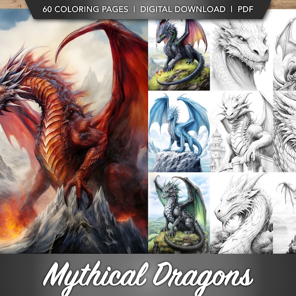 60 Mythical Dragons Coloring Book Collection | Fantasy Dragon Creature Coloring Book Bundles for Inspiration, Creativity | Digital Download