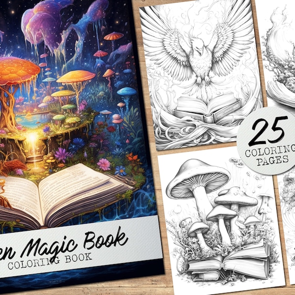 Open Magic Book Coloring Book Collection | 25 Magical Book Greyscale Coloring Book Bundles for Anxiety, Stress Relief | Digital Download