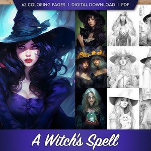 62 A Witch’s Spell Coloring Book Collection | Magic Witch Greyscale Coloring Pages Bundles for Anxiety, Stress Relief | Digital Download