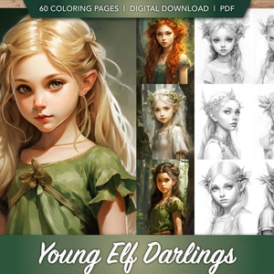 Colección de libros para colorear de 60 Young Elf Darlings / Paquetes de páginas para colorear de elfos de fantasía para aliviar el estrés y mejorar el enfoque / Descarga digital