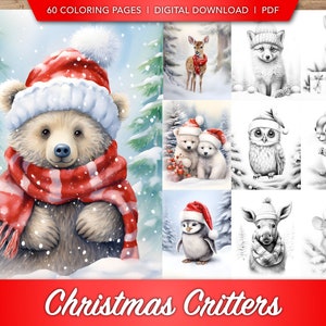 60 Christmas Critters Coloring Book Collection | Winter Holiday Animal Coloring Pages Bundle Gift for Student, Artist | Digital Download