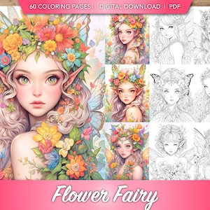 60 Blumenfee Malbuch-Kollektion | Niedliche Blooming Fairies Malseiten zum Stressabbau, zur Verbesserung der Konzentration | Digitaler Download