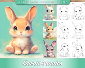 60 Kawaii Bunnies Coloring Book Collection | Cute Adorable Baby Bunny Rabbits Coloring Pages Bundle for Adults and Kids | Digital Download