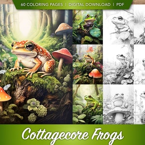 60 Cottagecore Frogs Coloring Book Collection | Frog Greyscale Coloring Pages Bundles for Art Student, Teacher, Artist | Digital Download