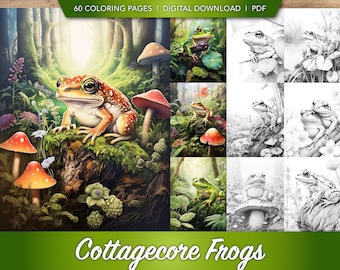 60 Cottagecore Frogs Coloring Book Collection | Frog Greyscale Coloring Pages Bundles for Art Student, Teacher, Artist | Digital Download