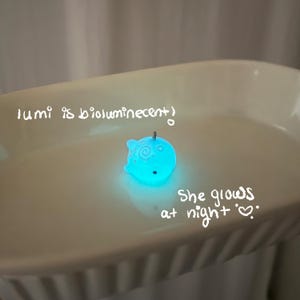 K&ouml;nnte beinhalten: Ein leuchtender, blau leuchtender Wal-Anh&auml;nger mit einer kleinen Schlaufe. Der Anh&auml;nger befindet sich auf einer wei&szlig;en Oberfl&auml;che, und der Text "lumi is bioluminescent" und "She glows at night" sind auf der Oberfl&auml;che geschrieben.