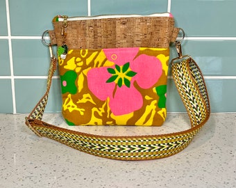 Handmade Upcycled Vintage Fabric + Cork crossbody bag