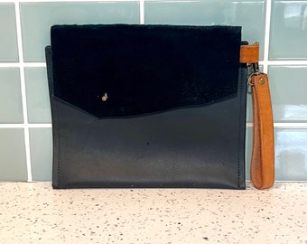 Handmade Leather Wristlet - black hair on hide, black leather, Wrist bag - Black