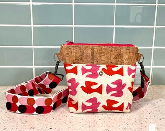 Handmade Upcycled Retro fabric + Cork crossbody bag