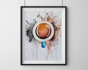 Coffee Art Print: Blue Handle Mug, Watercolor Kitchen Decor