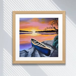 Canoe Art Print, Lake Sunset Print of Original Acrylic Painting - Autumnal home decor, Lake Landscape, Outdoorsy home decor