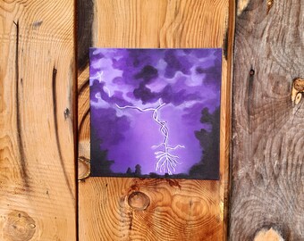 Original Acrylic Lightning Painting: Moody Purple Storm Art (10x10 Canvas)