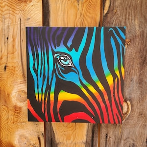 Rainbow Zebra Stripes Art - Acrylic Painting -  20x20 Canvas - Vibrant Nature Decor, Gift for Animal lovers, safari zebra