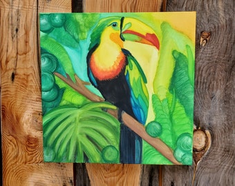 Toucan Watercolor Painting: Original Tropical Jungle Art on 20x20 Canvas