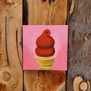 Pintura acrílica original de casquinha de sorvete: arte de sobremesa com cobertura de cereja