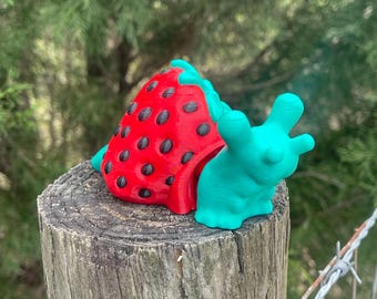 Strawberry and Rose Snail, Articulated strawberry and rose snail, 3D printed strawberry and rose snail